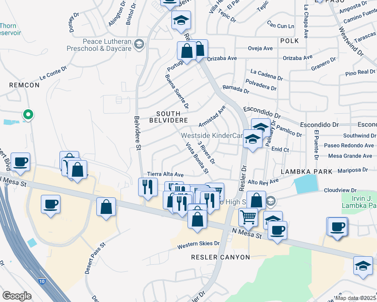 map of restaurants, bars, coffee shops, grocery stores, and more near 7141 Majorca Court in El Paso