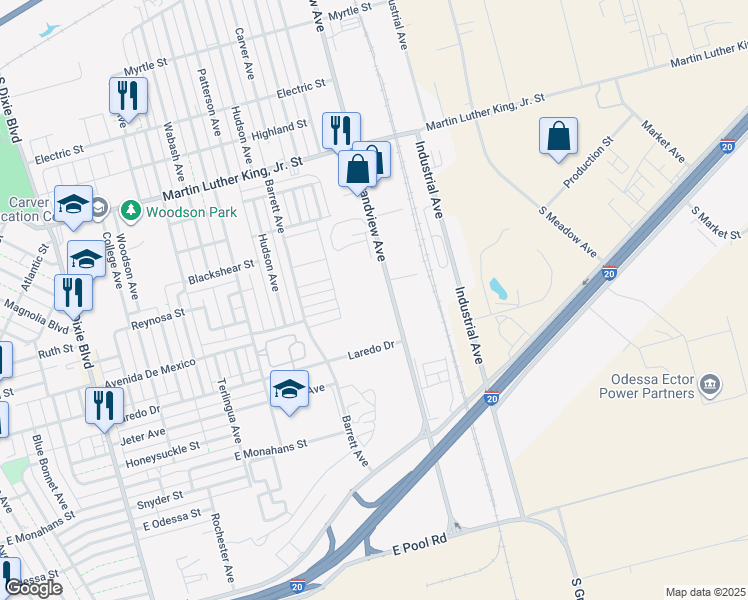 map of restaurants, bars, coffee shops, grocery stores, and more near 1100 South Grandview Avenue in Odessa