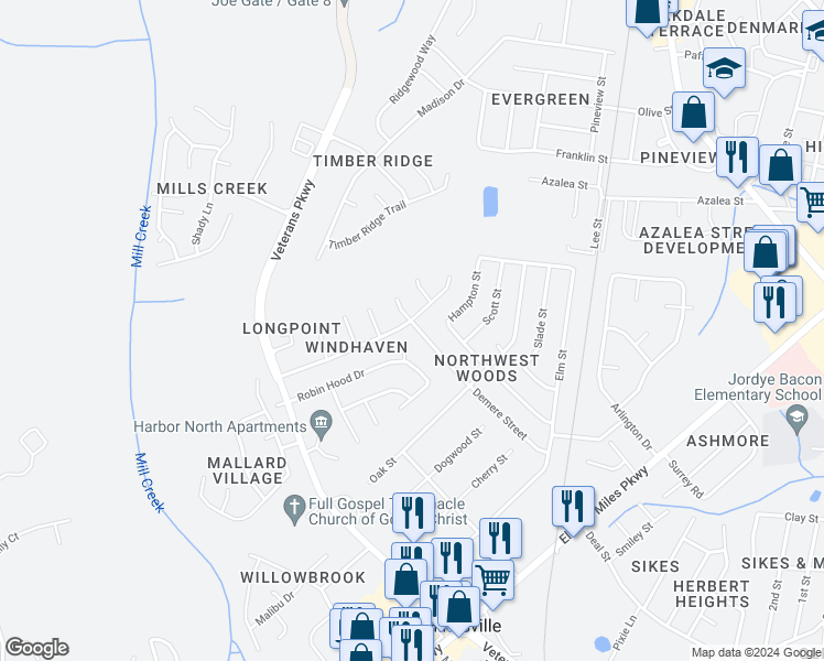 map of restaurants, bars, coffee shops, grocery stores, and more near 650 Demere Street in Hinesville