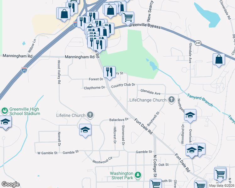 map of restaurants, bars, coffee shops, grocery stores, and more near 417 Country Club Drive in Greenville
