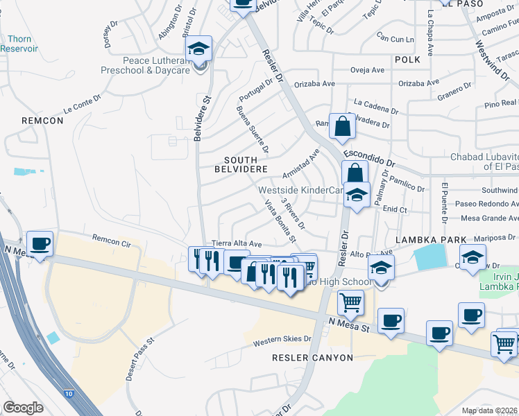 map of restaurants, bars, coffee shops, grocery stores, and more near 248 Vista Bonita Street in El Paso