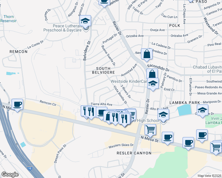 map of restaurants, bars, coffee shops, grocery stores, and more near 248 Vista Bonita Street in El Paso