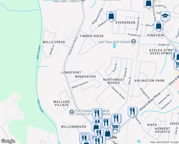 map of restaurants, bars, coffee shops, grocery stores, and more near 106 Briskhaven Court in Hinesville