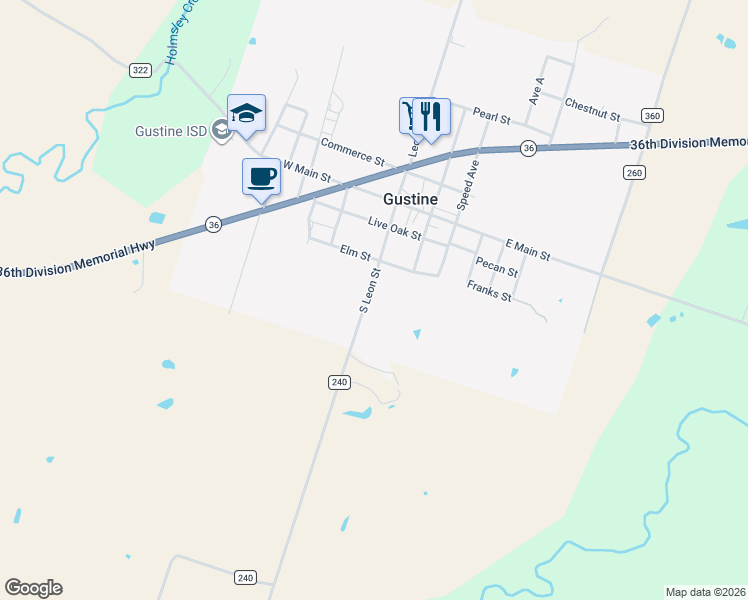 map of restaurants, bars, coffee shops, grocery stores, and more near 304 South Leon Street in Gustine