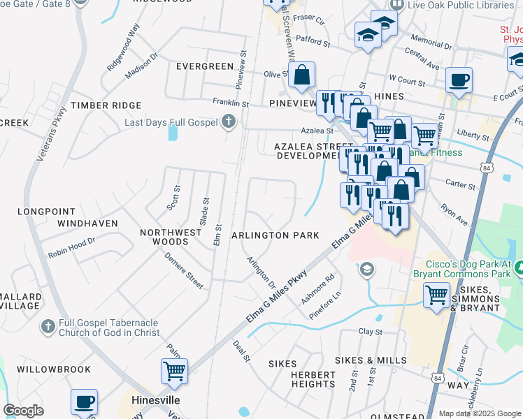 map of restaurants, bars, coffee shops, grocery stores, and more near 556 Brockington Circle in Hinesville