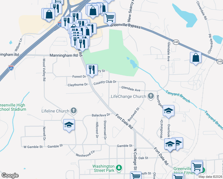 map of restaurants, bars, coffee shops, grocery stores, and more near 606 North Perry Street in Greenville