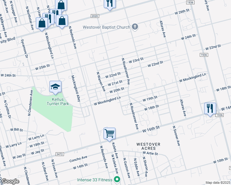 map of restaurants, bars, coffee shops, grocery stores, and more near 2006 North Huntington Avenue in Odessa