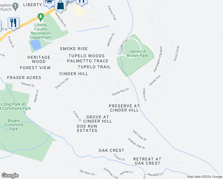 map of restaurants, bars, coffee shops, grocery stores, and more near 505 Whits End in Hinesville