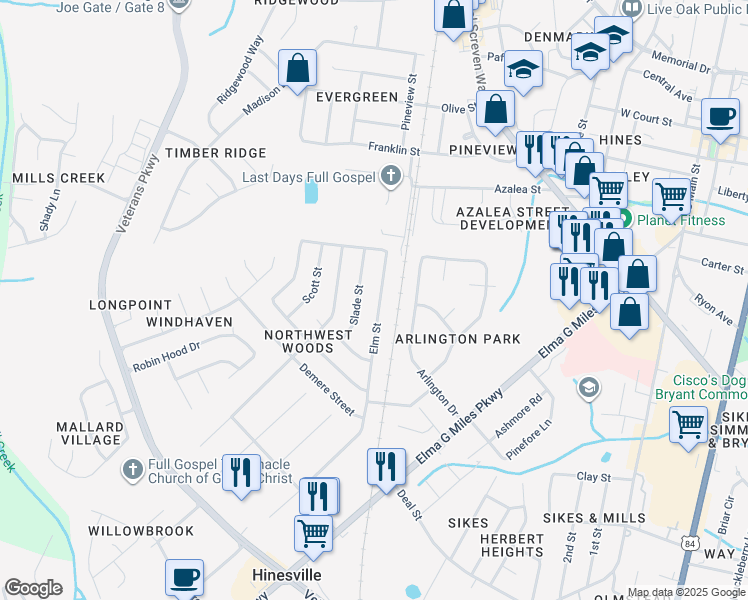 map of restaurants, bars, coffee shops, grocery stores, and more near 483 Elm Street in Hinesville