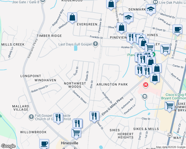 map of restaurants, bars, coffee shops, grocery stores, and more near 482 Elm Street in Hinesville