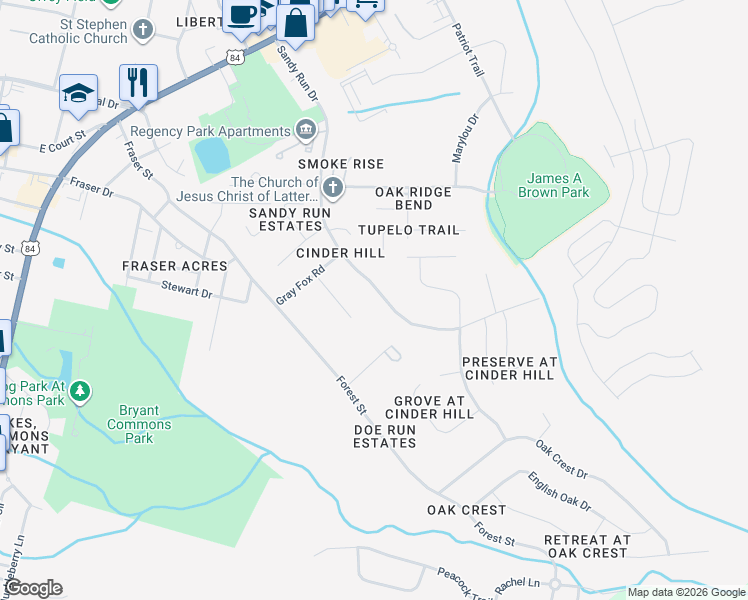 map of restaurants, bars, coffee shops, grocery stores, and more near 611 Sandy Run Drive in Hinesville