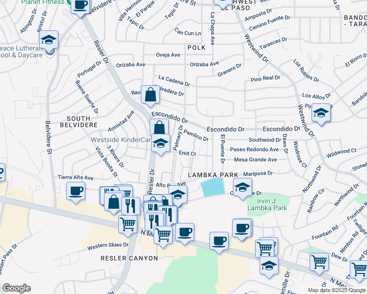 map of restaurants, bars, coffee shops, grocery stores, and more near 6911 Enid Court in El Paso