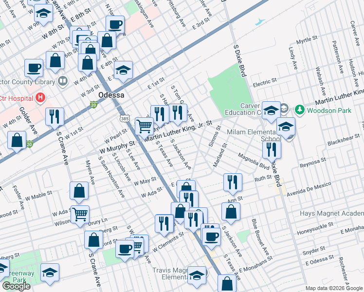 map of restaurants, bars, coffee shops, grocery stores, and more near 308 East Olive Street in Odessa