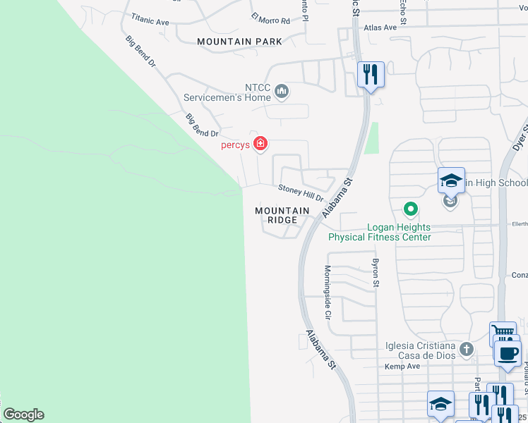 map of restaurants, bars, coffee shops, grocery stores, and more near 3208 Mountain Ridge Drive in El Paso