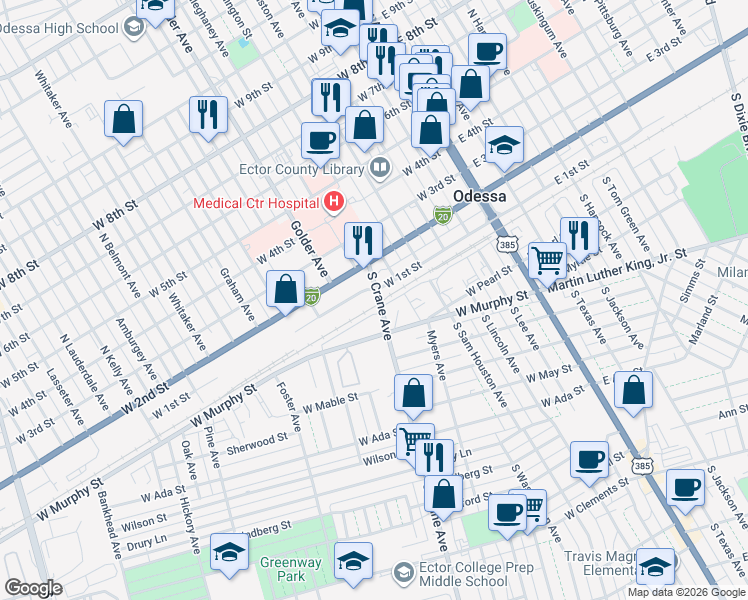 map of restaurants, bars, coffee shops, grocery stores, and more near 100 South Crane Avenue in Odessa