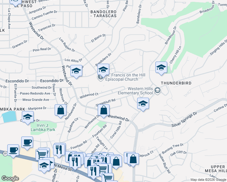 map of restaurants, bars, coffee shops, grocery stores, and more near 6467 Snowheights Court in El Paso