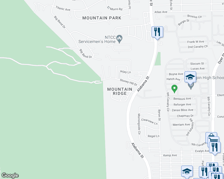 map of restaurants, bars, coffee shops, grocery stores, and more near 3208 Mountain Ridge Drive in El Paso