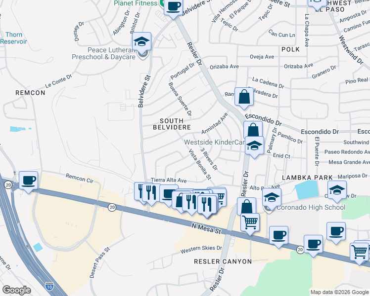 map of restaurants, bars, coffee shops, grocery stores, and more near 248 Vista Bonita Street in El Paso