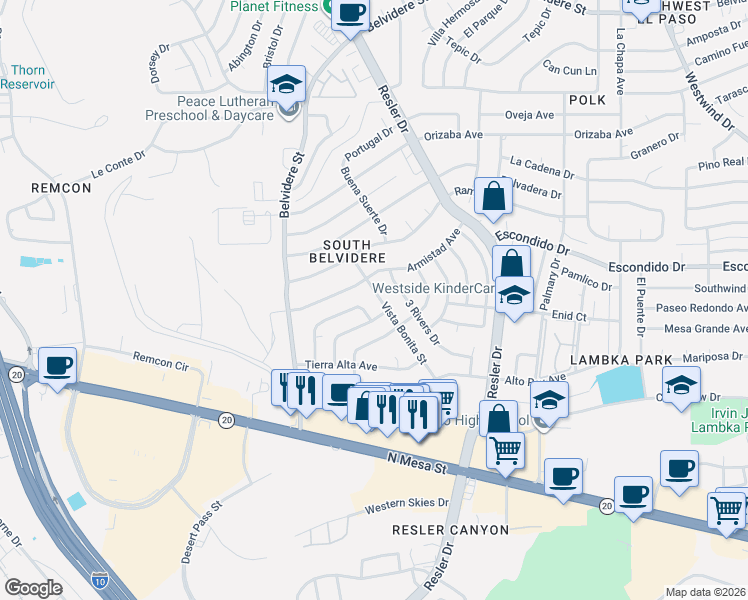 map of restaurants, bars, coffee shops, grocery stores, and more near 248 Vista Bonita Street in El Paso