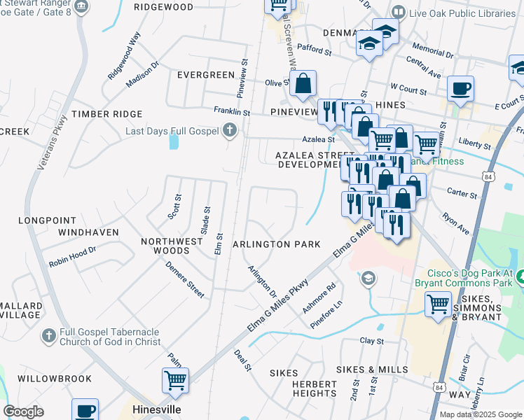 map of restaurants, bars, coffee shops, grocery stores, and more near 556 Brockington Circle in Hinesville