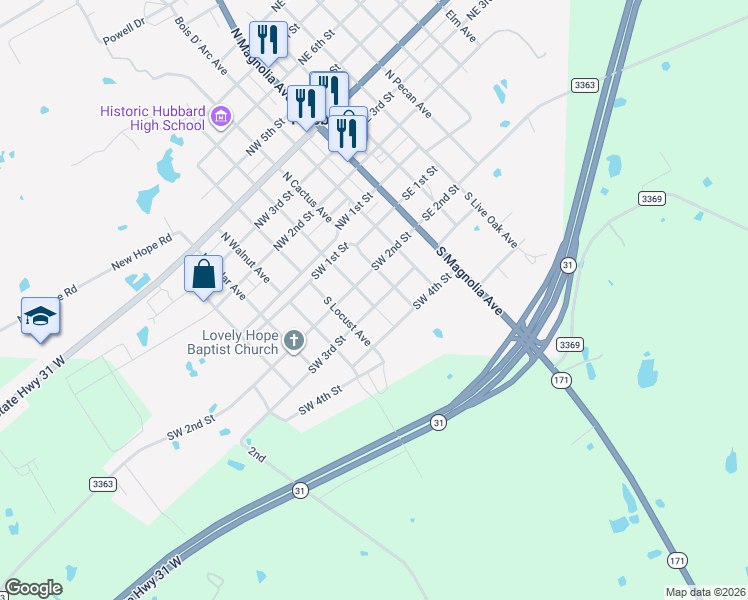 map of restaurants, bars, coffee shops, grocery stores, and more near 306 Southwest 3rd Street in Hubbard
