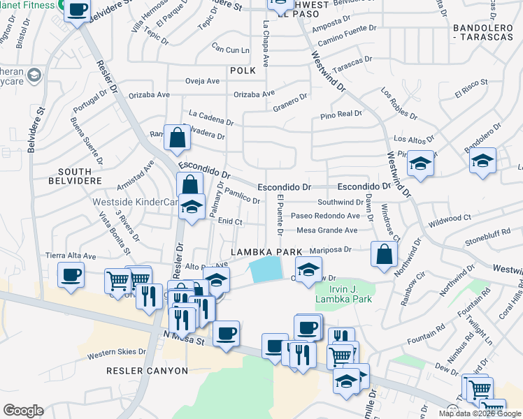 map of restaurants, bars, coffee shops, grocery stores, and more near 6820 Alto Rey Avenue in El Paso