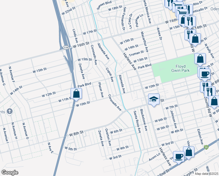 map of restaurants, bars, coffee shops, grocery stores, and more near 1104 Coronado Avenue in Odessa
