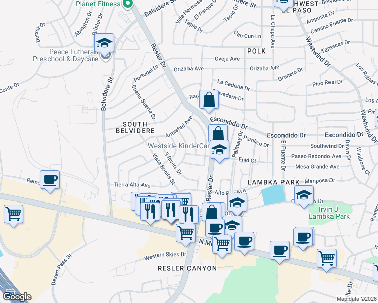 map of restaurants, bars, coffee shops, grocery stores, and more near 300 Rio Verde Drive in El Paso