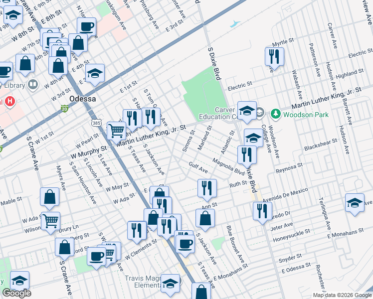 map of restaurants, bars, coffee shops, grocery stores, and more near 700 Magnolia Boulevard in Odessa