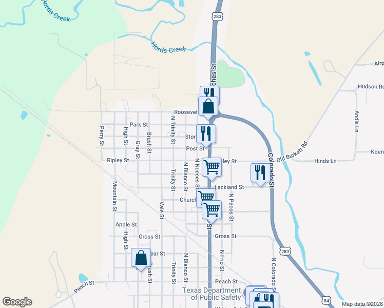 map of restaurants, bars, coffee shops, grocery stores, and more near 1215 North Nueces Street in Coleman