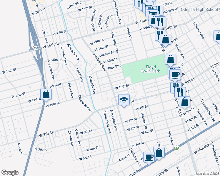 map of restaurants, bars, coffee shops, grocery stores, and more near 2500 West 10th Street in Odessa