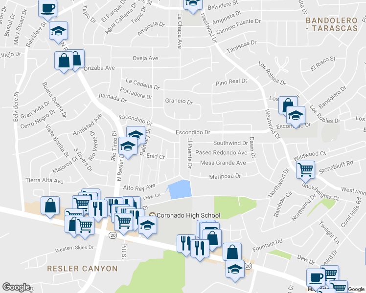 map of restaurants, bars, coffee shops, grocery stores, and more near 6817 Alto Rey Avenue in El Paso