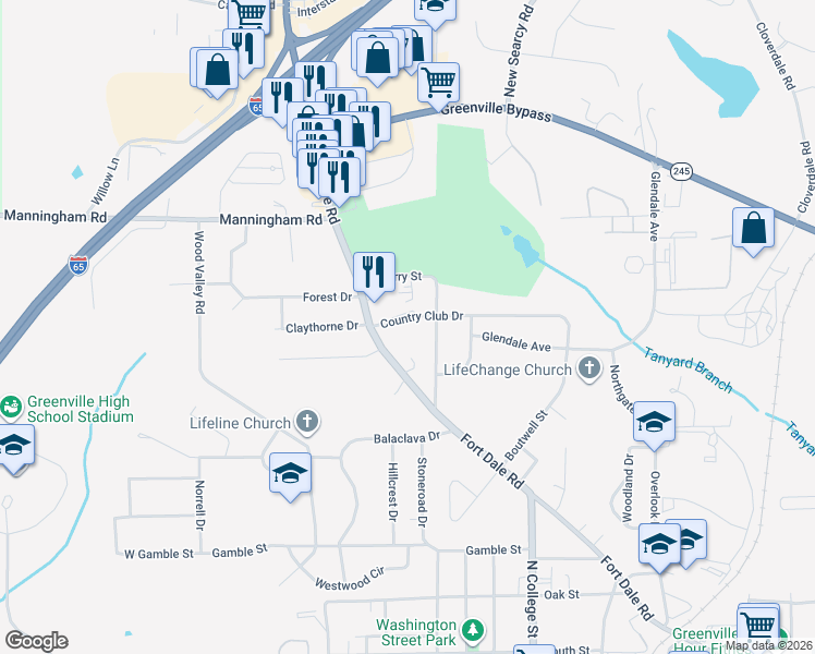 map of restaurants, bars, coffee shops, grocery stores, and more near 407 Country Club Drive in Greenville