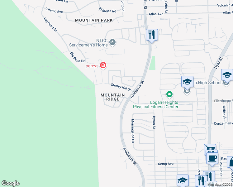 map of restaurants, bars, coffee shops, grocery stores, and more near 3249 Mountain Ridge Drive in El Paso