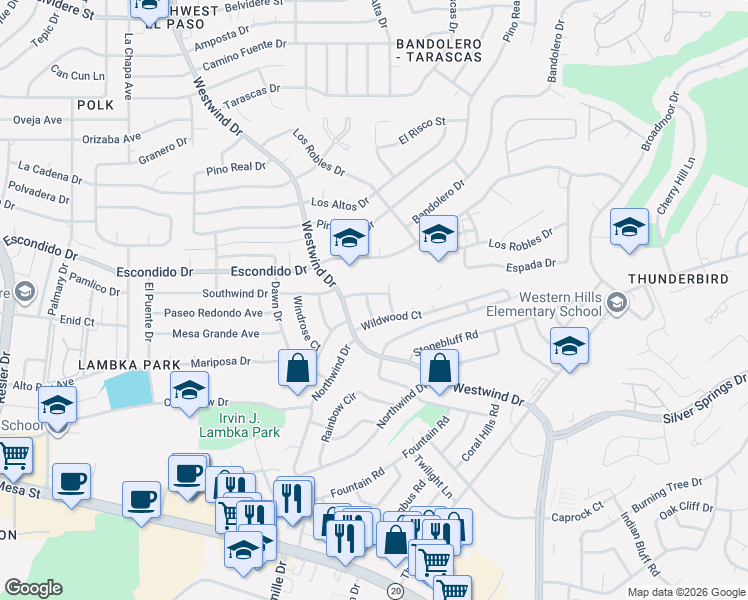 map of restaurants, bars, coffee shops, grocery stores, and more near 306 Skyway Lane in El Paso