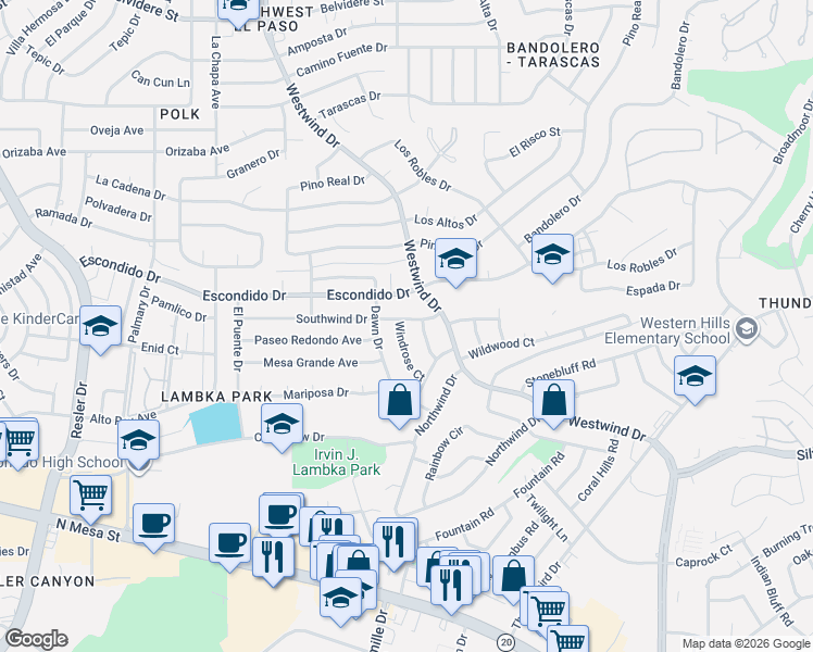 map of restaurants, bars, coffee shops, grocery stores, and more near 328 Windrose Court in El Paso