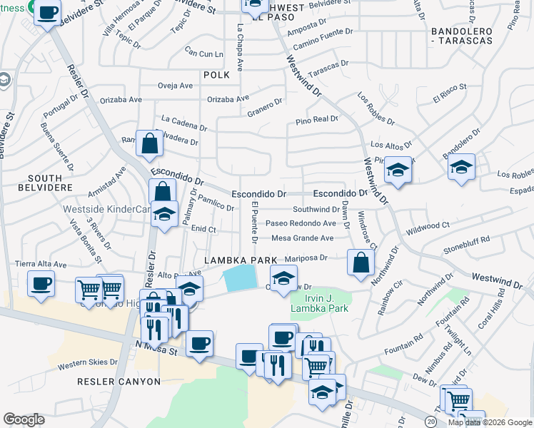map of restaurants, bars, coffee shops, grocery stores, and more near 6728 Southwind Drive in El Paso