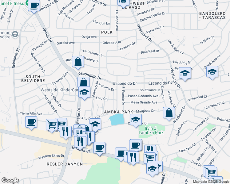 map of restaurants, bars, coffee shops, grocery stores, and more near 6817 Alto Rey Avenue in El Paso
