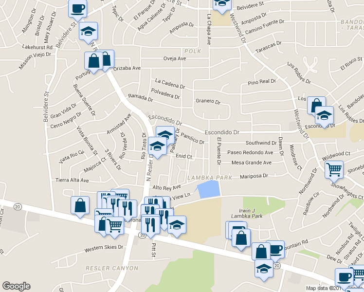 map of restaurants, bars, coffee shops, grocery stores, and more near 6911 Enid Court in El Paso