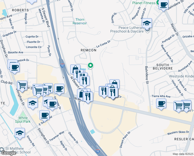 map of restaurants, bars, coffee shops, grocery stores, and more near 222 Bartlett Drive in El Paso
