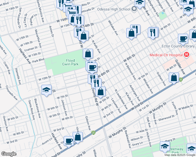 map of restaurants, bars, coffee shops, grocery stores, and more near 721 Lasseter Avenue in Odessa