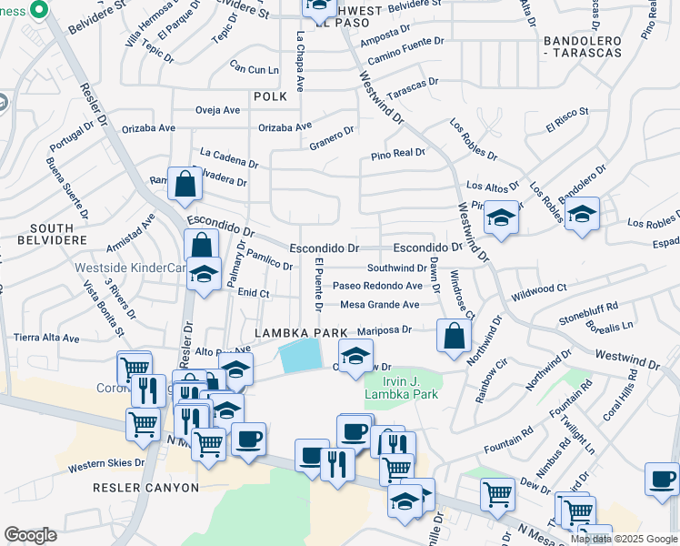 map of restaurants, bars, coffee shops, grocery stores, and more near 6728 Southwind Drive in El Paso