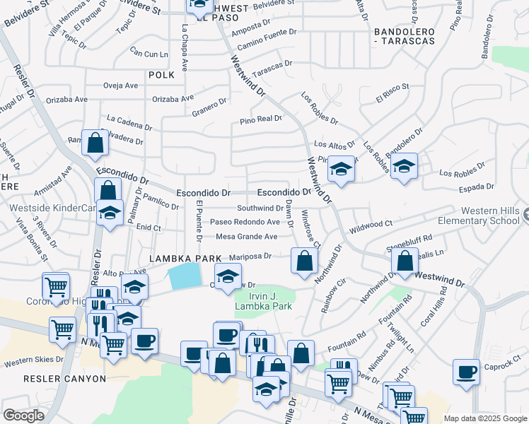 map of restaurants, bars, coffee shops, grocery stores, and more near 6620 Southwind Drive in El Paso