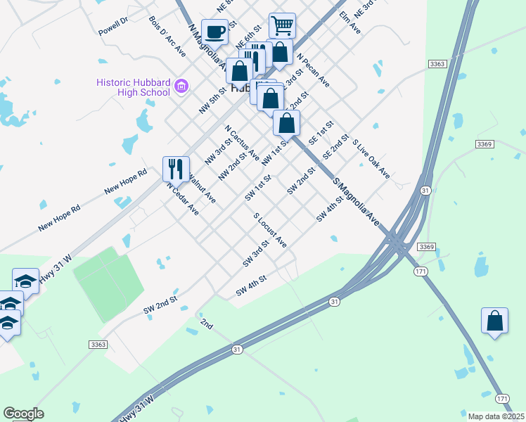 map of restaurants, bars, coffee shops, grocery stores, and more near 406 Southwest 2nd Street in Hubbard