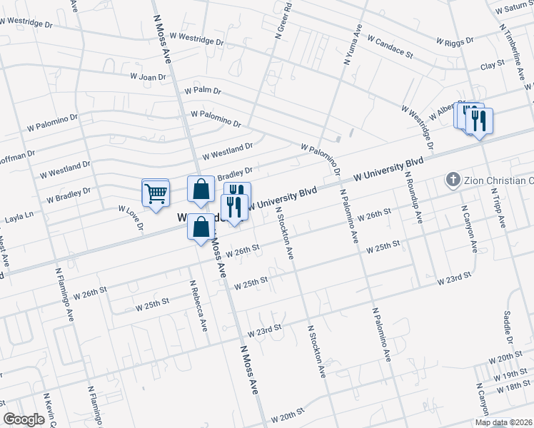 map of restaurants, bars, coffee shops, grocery stores, and more near 10119 West University Boulevard in Odessa