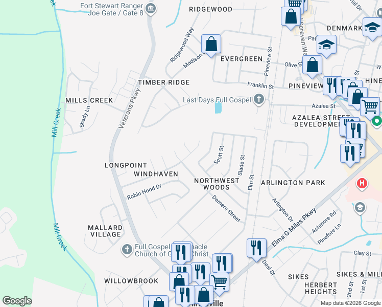 map of restaurants, bars, coffee shops, grocery stores, and more near 659 Windhaven Drive in Hinesville