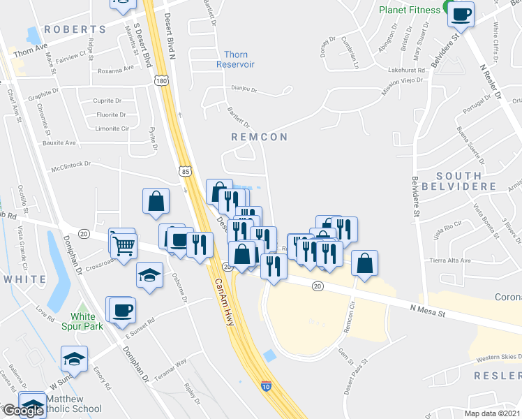 map of restaurants, bars, coffee shops, grocery stores, and more near 221 Bartlett Drive in El Paso