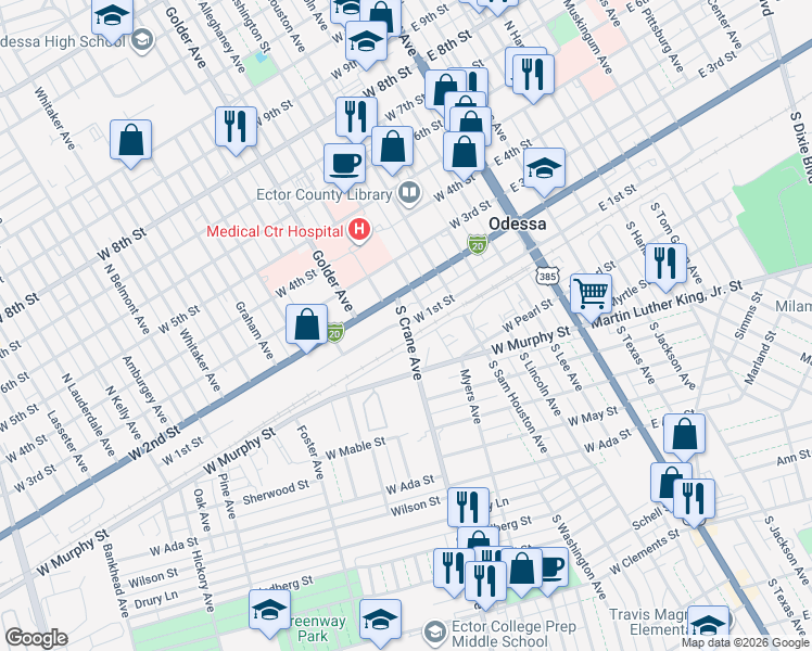 map of restaurants, bars, coffee shops, grocery stores, and more near 100 Crane Avenue in Odessa