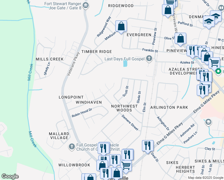 map of restaurants, bars, coffee shops, grocery stores, and more near 661 Windhaven Drive in Hinesville