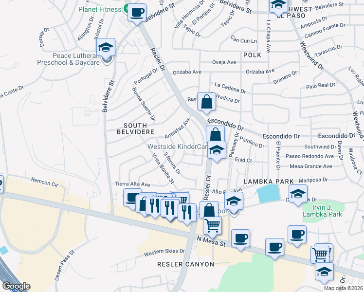 map of restaurants, bars, coffee shops, grocery stores, and more near 300 Rio Verde Drive in El Paso